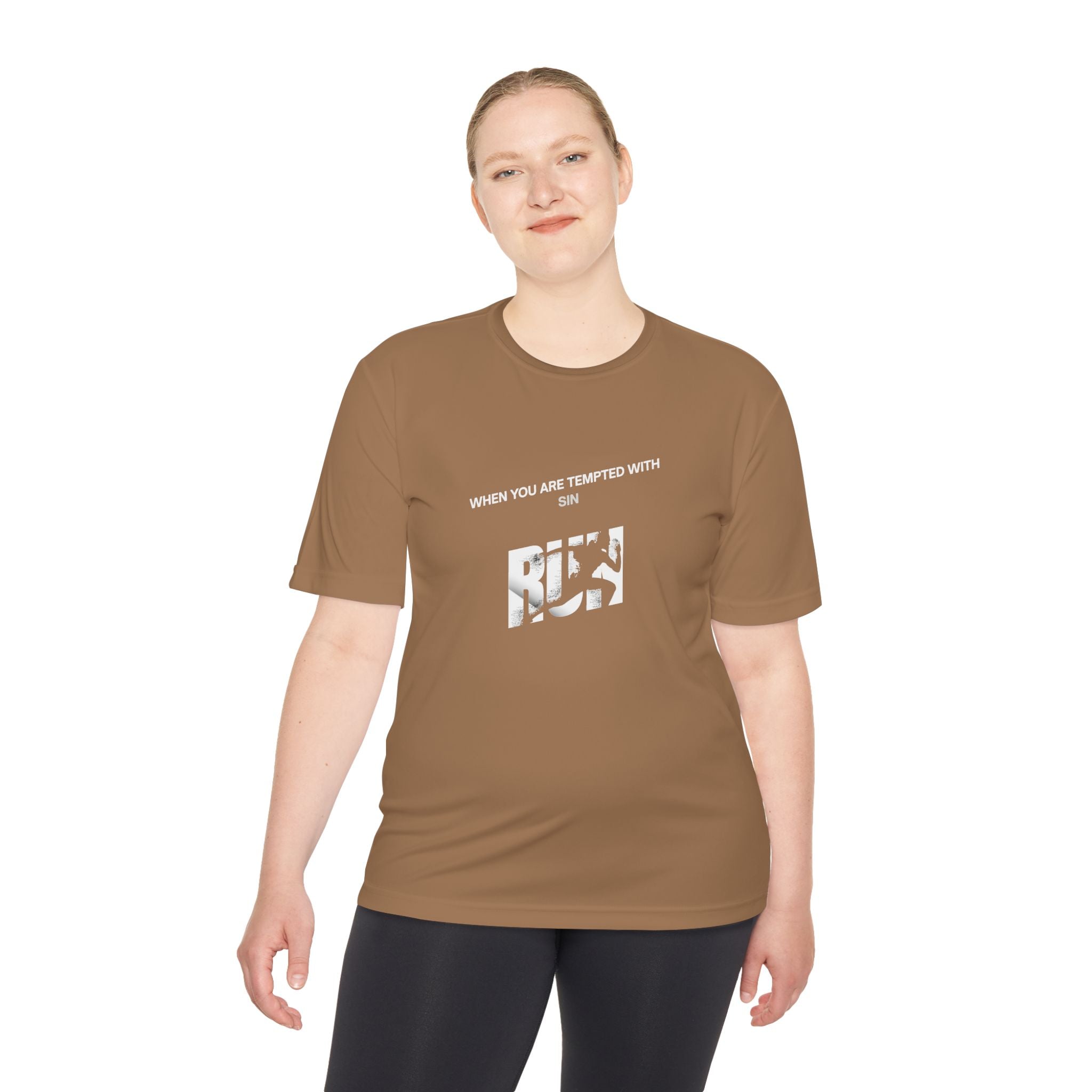 Christian 'When Tempted Run' Moisture-Wicking Tee — John 1:32 Dove Design
