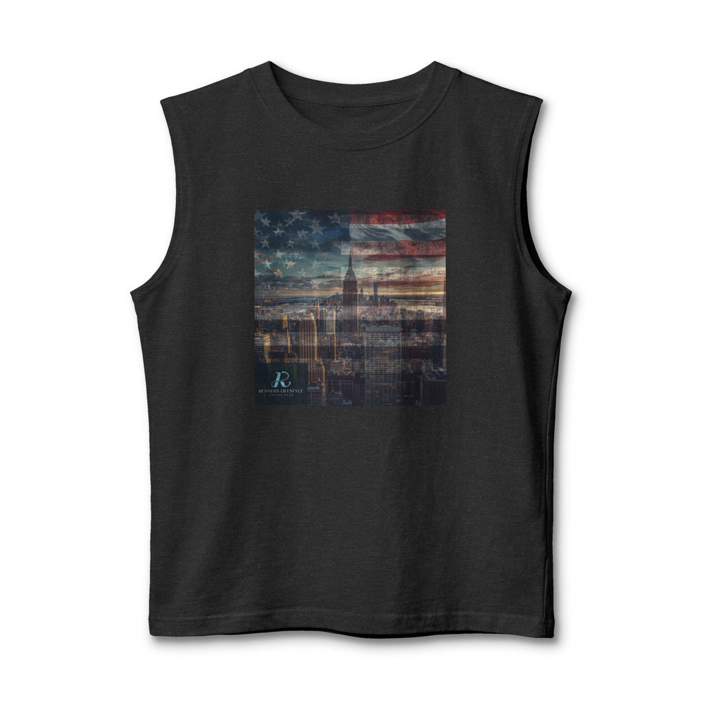 Vintage American Cityscape Muscle Tank — Faded Flag Skyline Tee