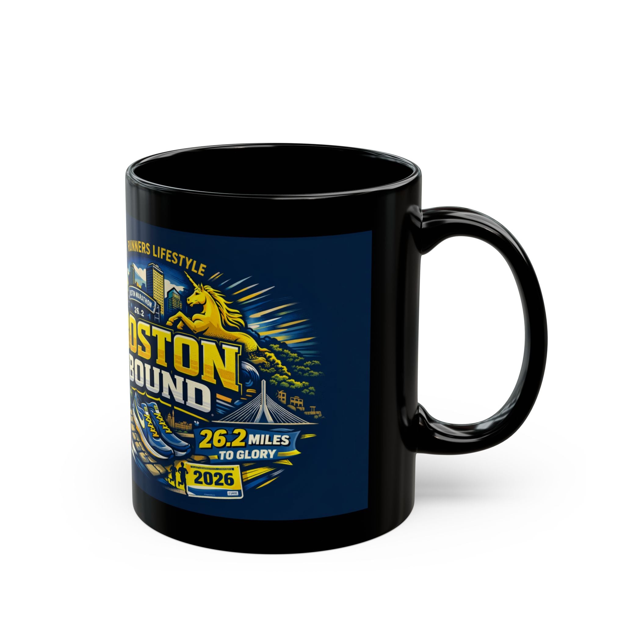 Boston Bound Marathon Mug — 26.2 Miles To Glory Black Coffee Cup (11oz/15oz)