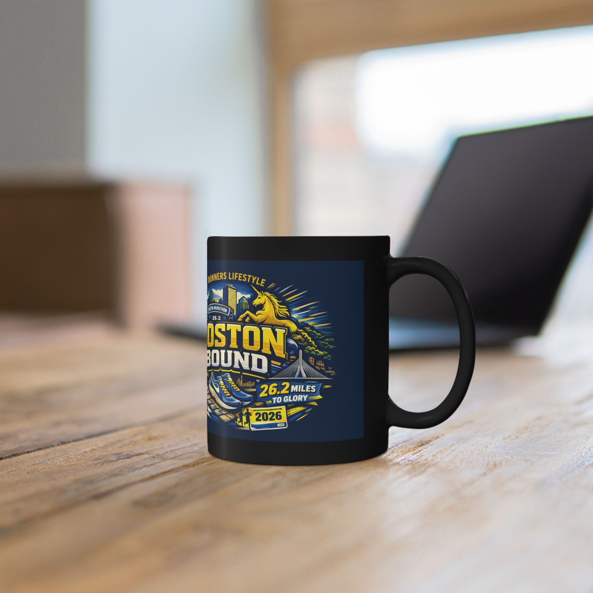 Boston Bound Marathon Mug — 26.2 Miles To Glory Black Coffee Cup (11oz/15oz)