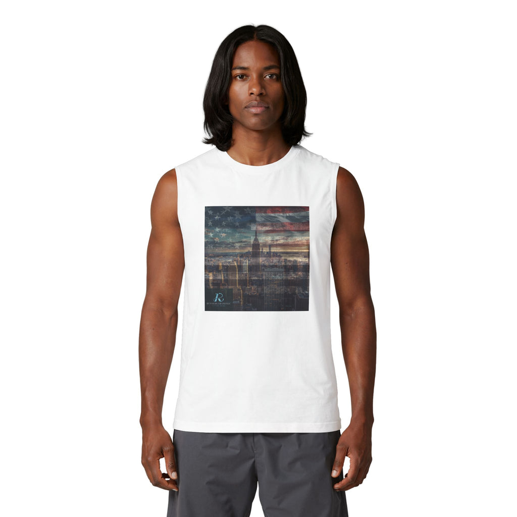 Vintage American Cityscape Muscle Tank — Faded Flag Skyline Tee