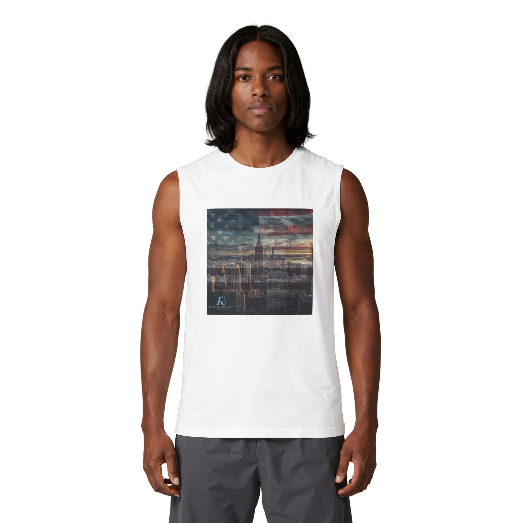 Vintage American Cityscape Muscle Tank — Faded Flag Skyline Tee