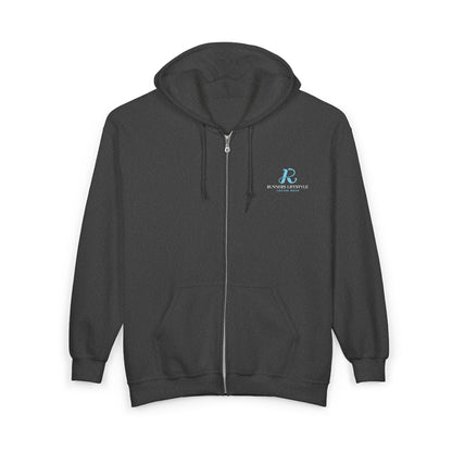 Full-Zip Hoodie with Small Teal Script Logo — Casual Workwear Zip-Up