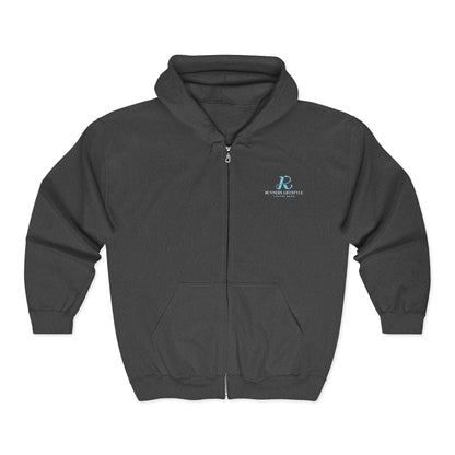 Full-Zip Hoodie with Small Teal Script Logo — Casual Workwear Zip-Up
