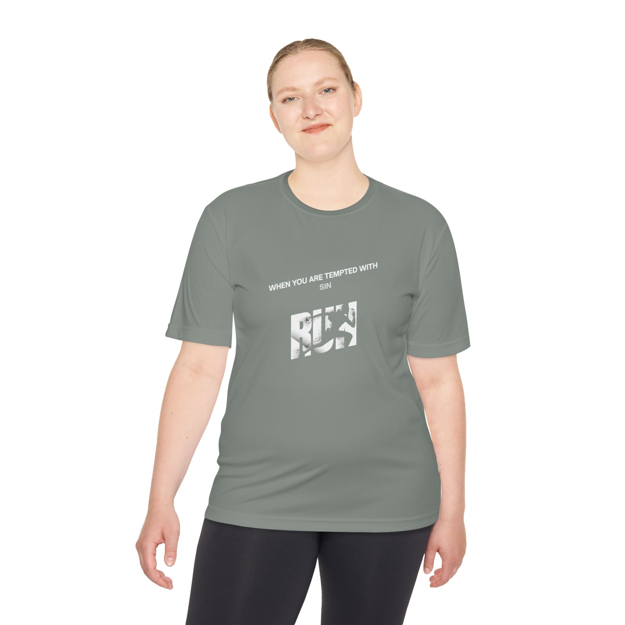 Christian 'When Tempted Run' Moisture-Wicking Tee — John 1:32 Dove Design