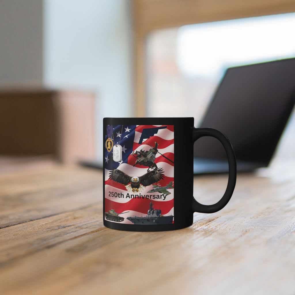 250th Anniversary Patriotic Black Mug – American Flag, Eagle & Military Tribute (11oz/15oz)