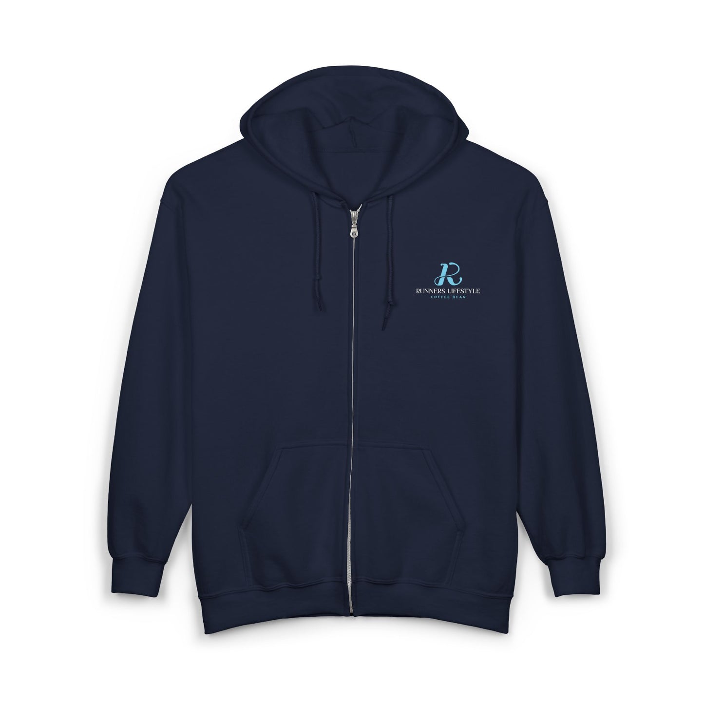 Full-Zip Hoodie with Small Teal Script Logo — Casual Workwear Zip-Up