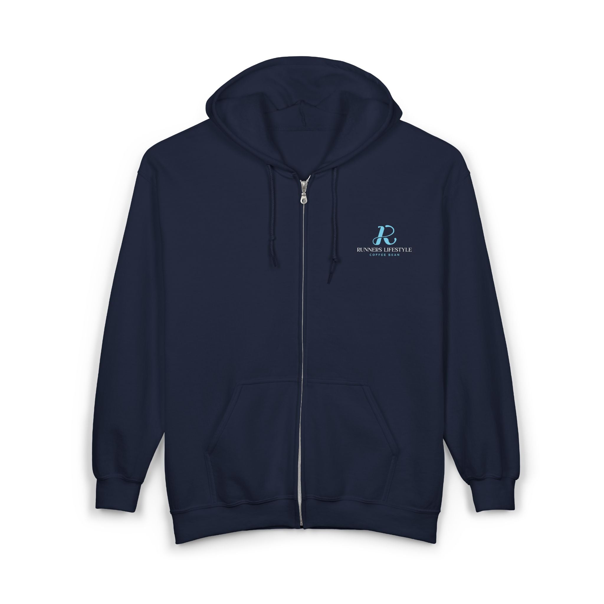 Full-Zip Hoodie with Small Teal Script Logo — Casual Workwear Zip-Up