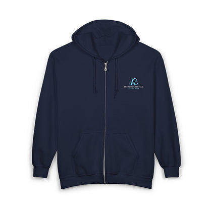 Full-Zip Hoodie with Small Teal Script Logo — Casual Workwear Zip-Up