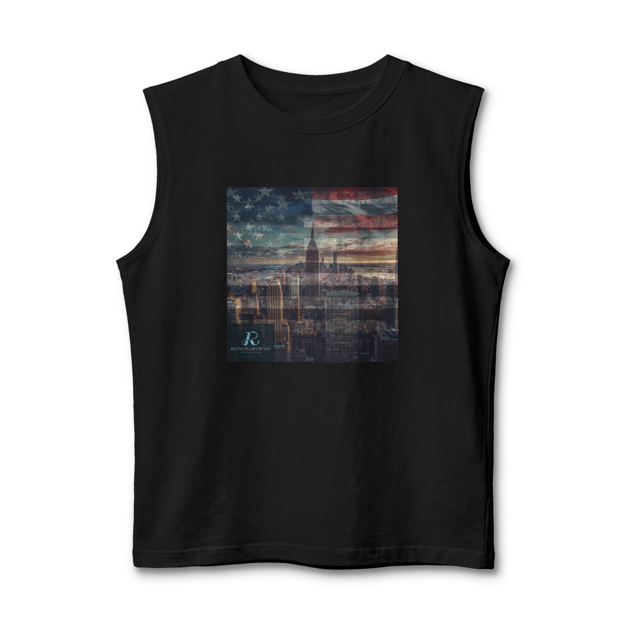 Vintage American Cityscape Muscle Tank — Faded Flag Skyline Tee