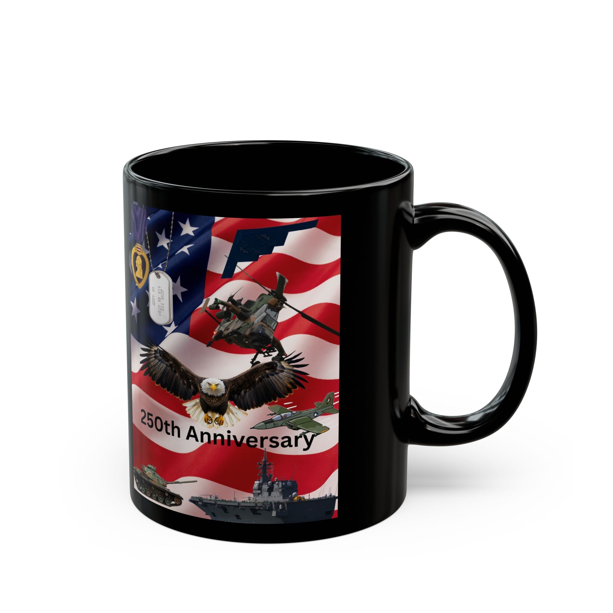 250th Anniversary Patriotic Black Mug – American Flag, Eagle & Military Tribute (11oz/15oz)