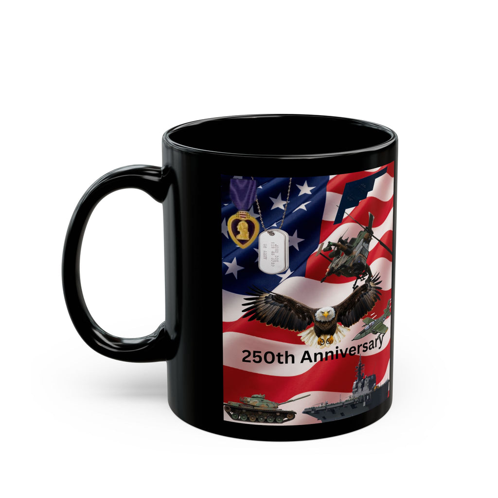250th Anniversary Patriotic Black Mug – American Flag, Eagle & Military Tribute (11oz/15oz)