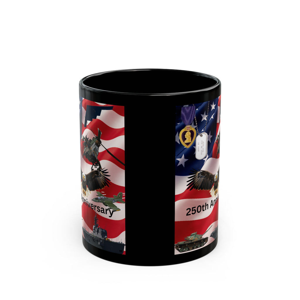 250th Anniversary Patriotic Black Mug – American Flag, Eagle & Military Tribute (11oz/15oz)