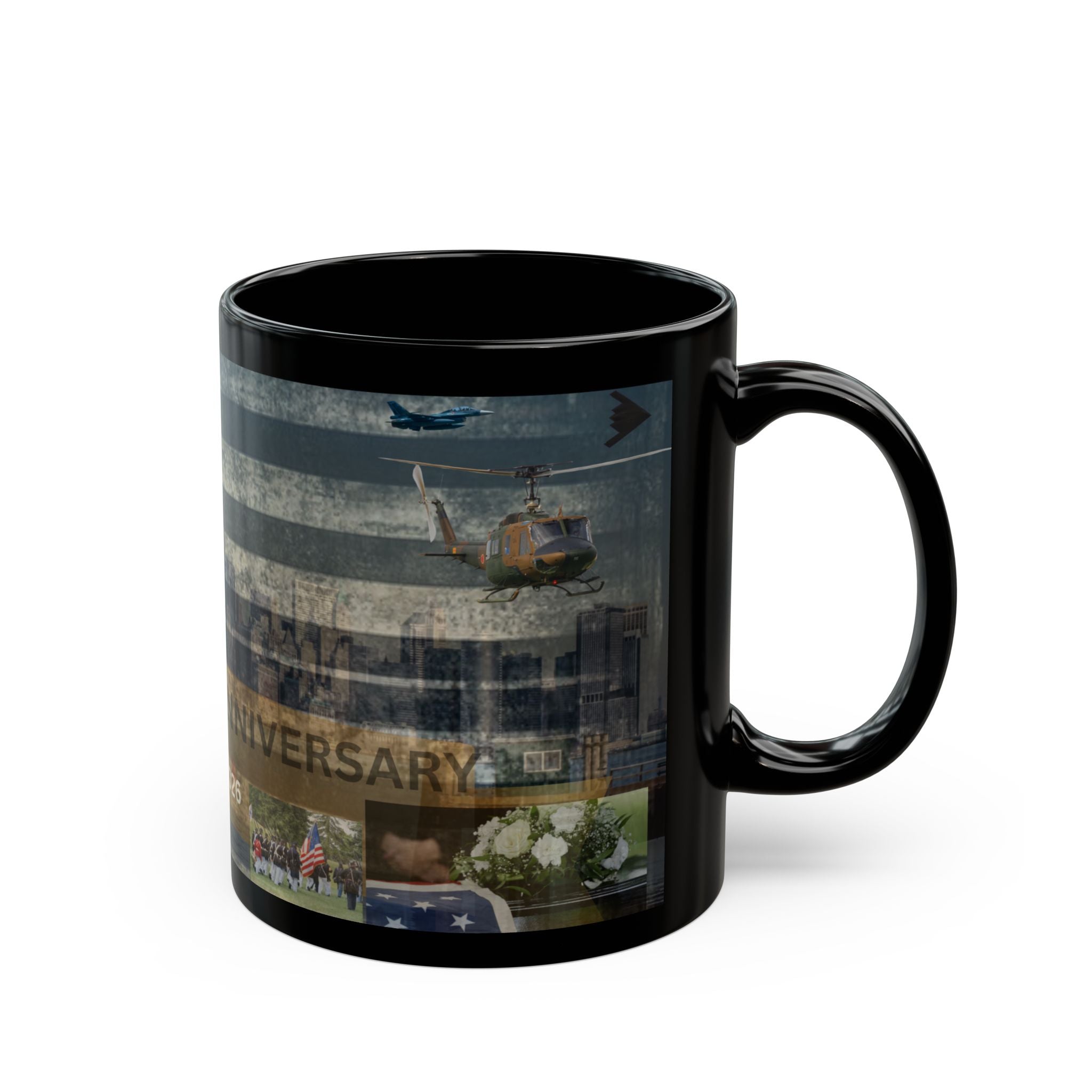 America 250 Anniversary Black Mug — 1776–2026 Commemorative USA Skyline Design (11oz/15oz)