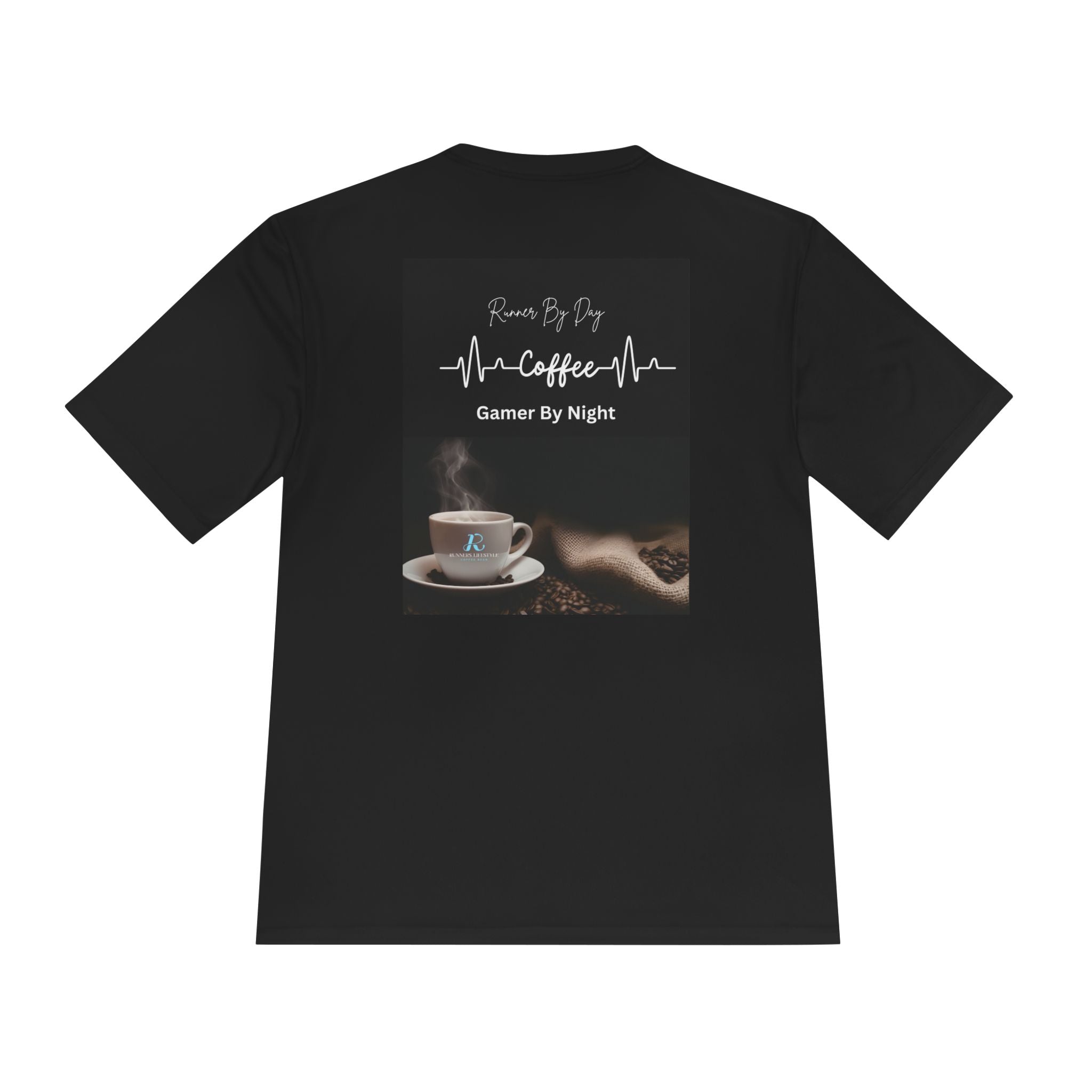 Coffee Gamer Tee — “Fueled by Coffee / Runner by Day, Gamer by Night” Moisture-Wicking Shirt