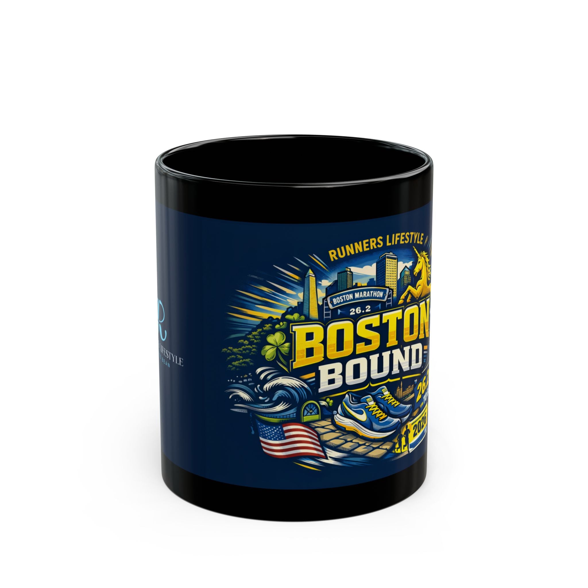 Boston Bound Marathon Mug — 26.2 Miles To Glory Black Coffee Cup (11oz/15oz)