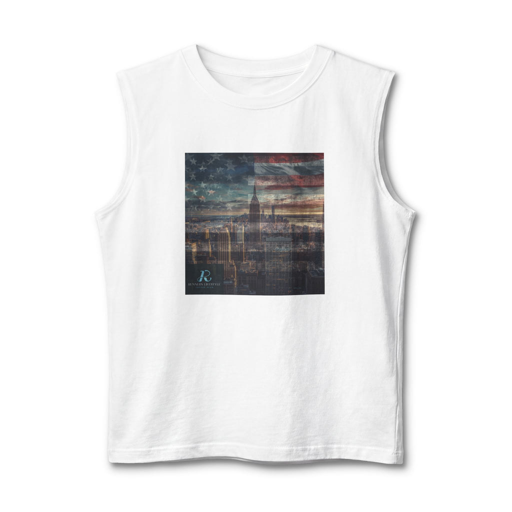 Vintage American Cityscape Muscle Tank — Faded Flag Skyline Tee