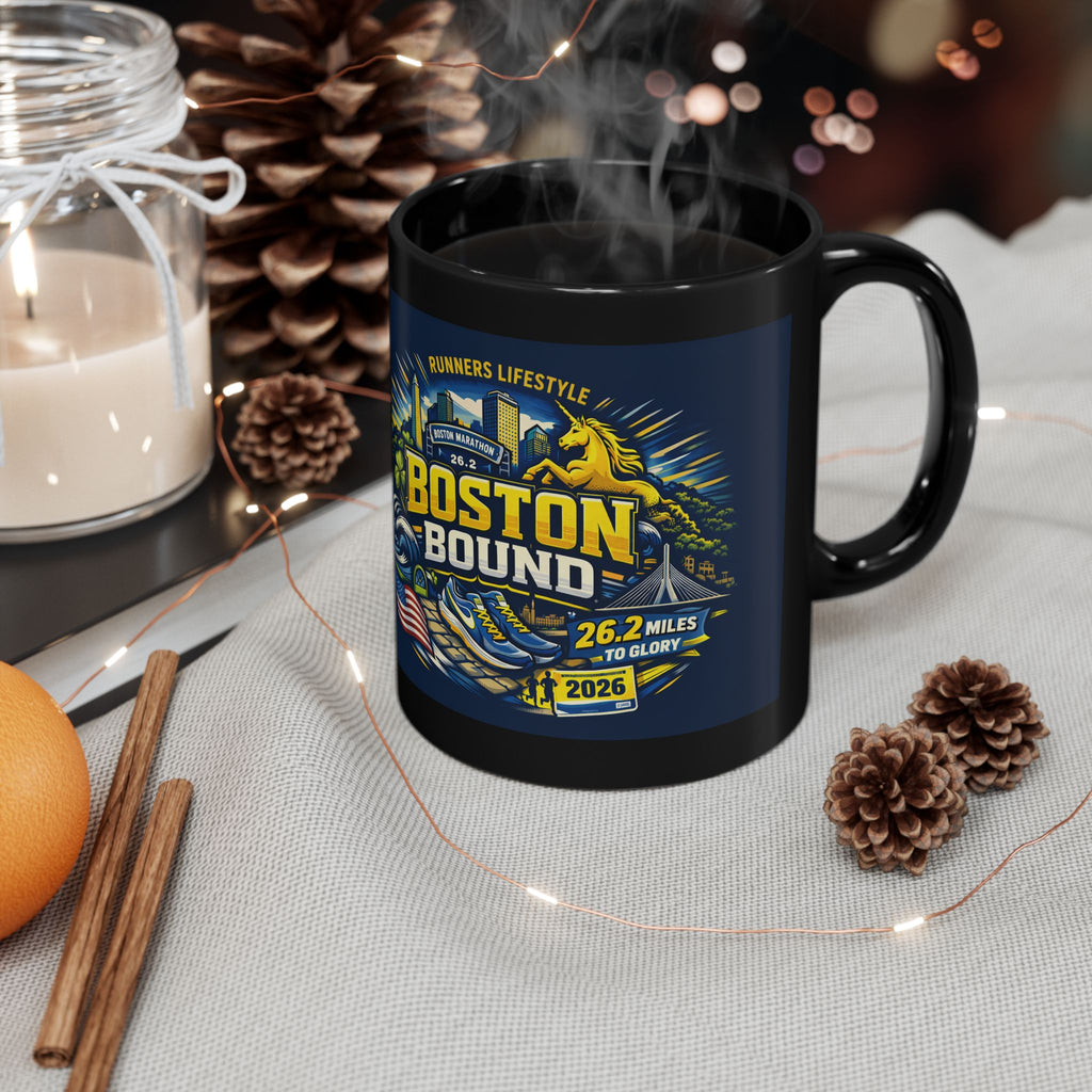 Boston Bound Marathon Mug — 26.2 Miles To Glory Black Coffee Cup (11oz/15oz)