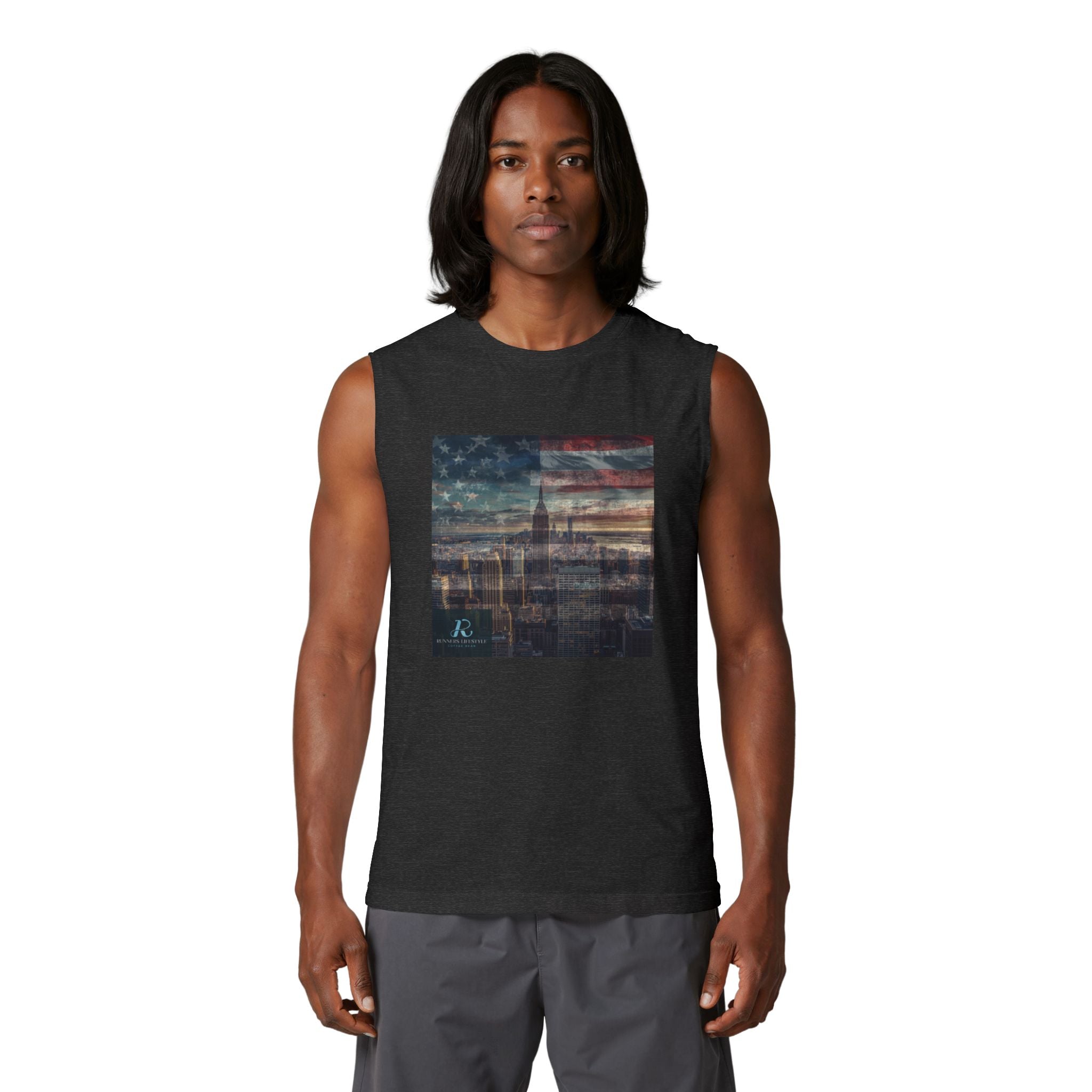 Vintage American Cityscape Muscle Tank — Faded Flag Skyline Tee