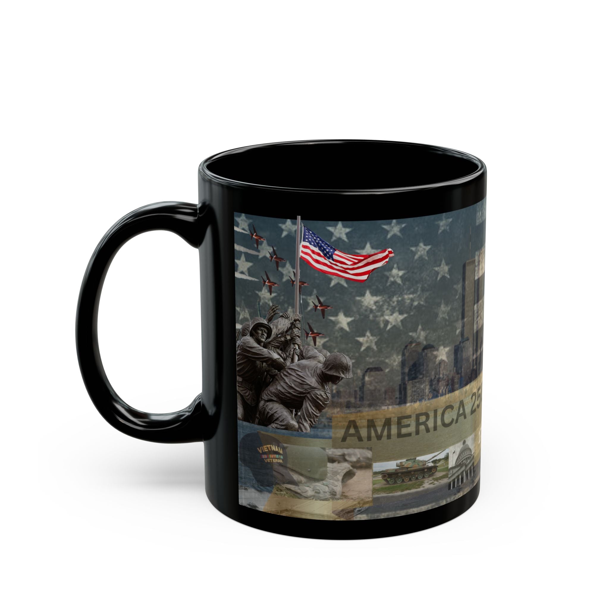 America 250 Anniversary Black Mug — 1776–2026 Commemorative USA Skyline Design (11oz/15oz)