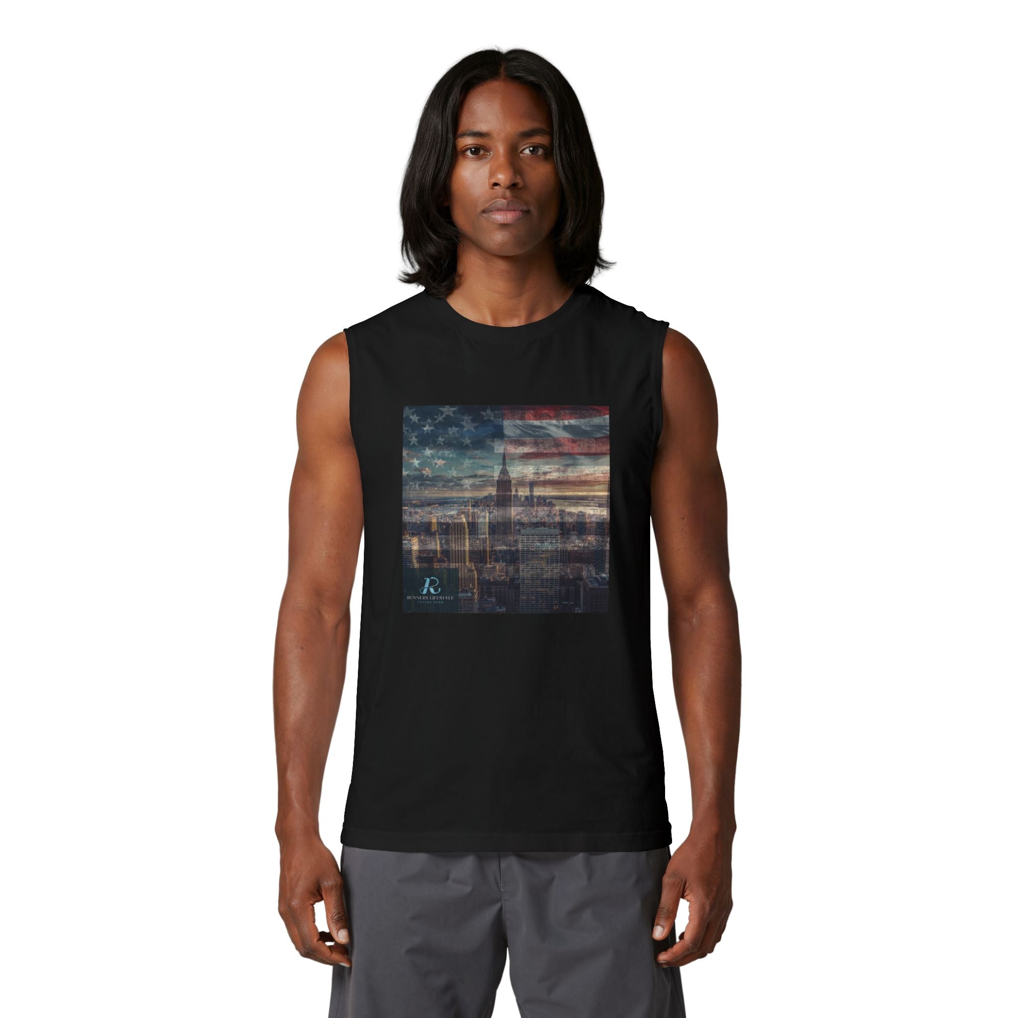 Vintage American Cityscape Muscle Tank — Faded Flag Skyline Tee