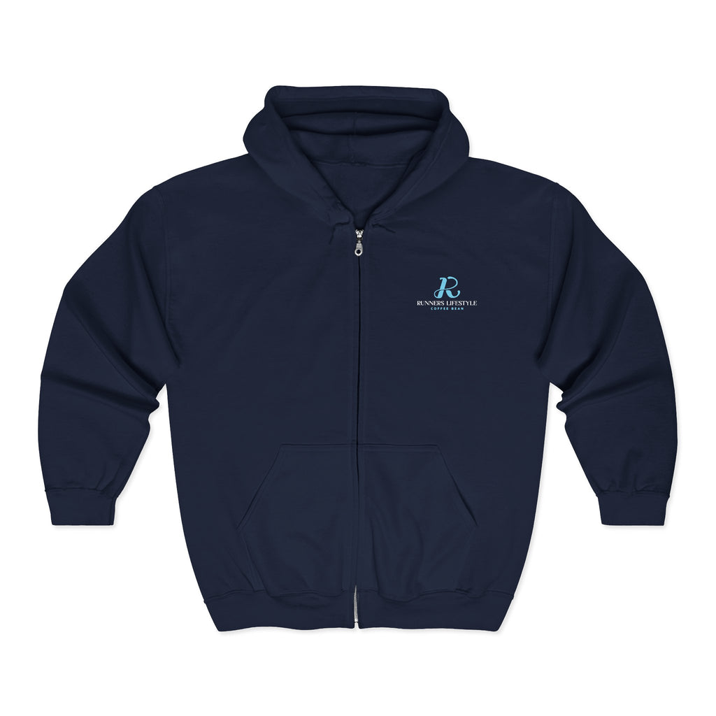 Full-Zip Hoodie with Small Teal Script Logo — Casual Workwear Zip-Up