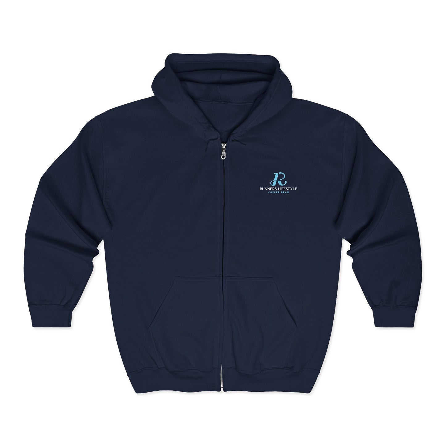 Full-Zip Hoodie with Small Teal Script Logo — Casual Workwear Zip-Up