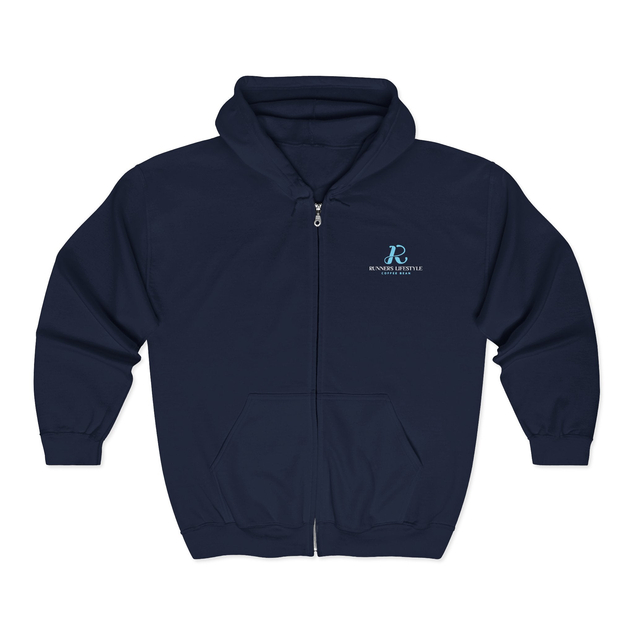 Full-Zip Hoodie with Small Teal Script Logo — Casual Workwear Zip-Up
