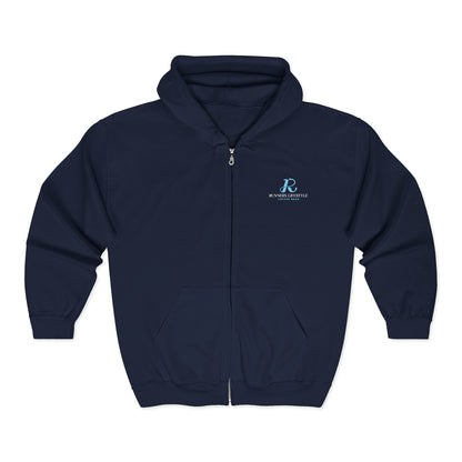 Full-Zip Hoodie with Small Teal Script Logo — Casual Workwear Zip-Up
