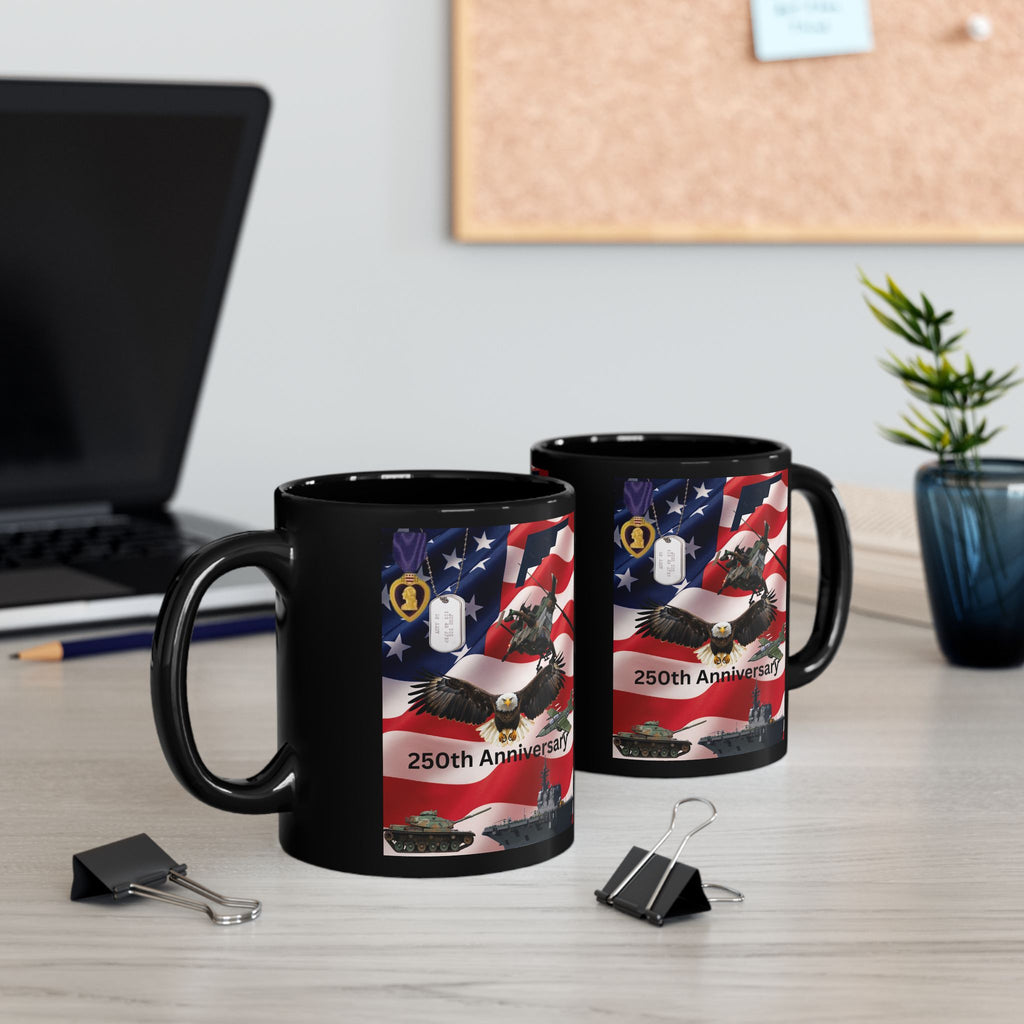 250th Anniversary Patriotic Black Mug – American Flag, Eagle & Military Tribute (11oz/15oz)